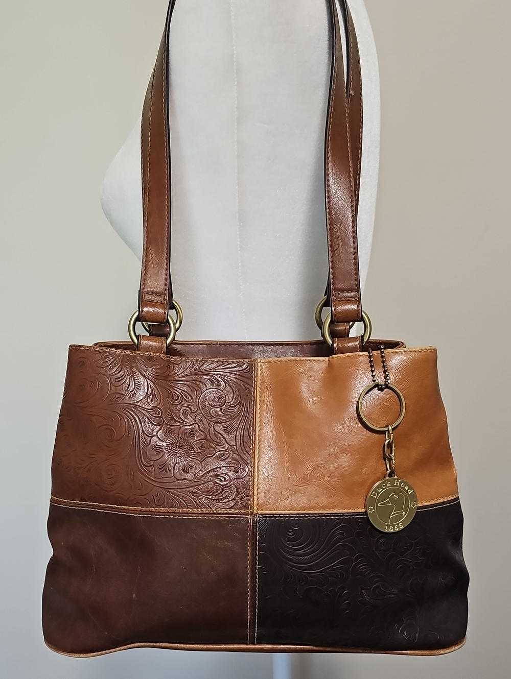 Duck Head Patchwork Faux Leather Shoulder Bag in Brown and Tan